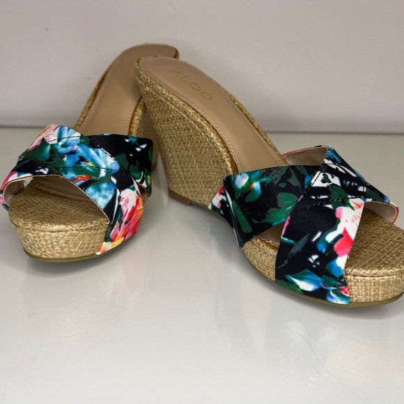 Aldo Sandals Floral Colourful Hawaiian Wedge Wicker High Heel Size 7.5 - Picture 6 of 14